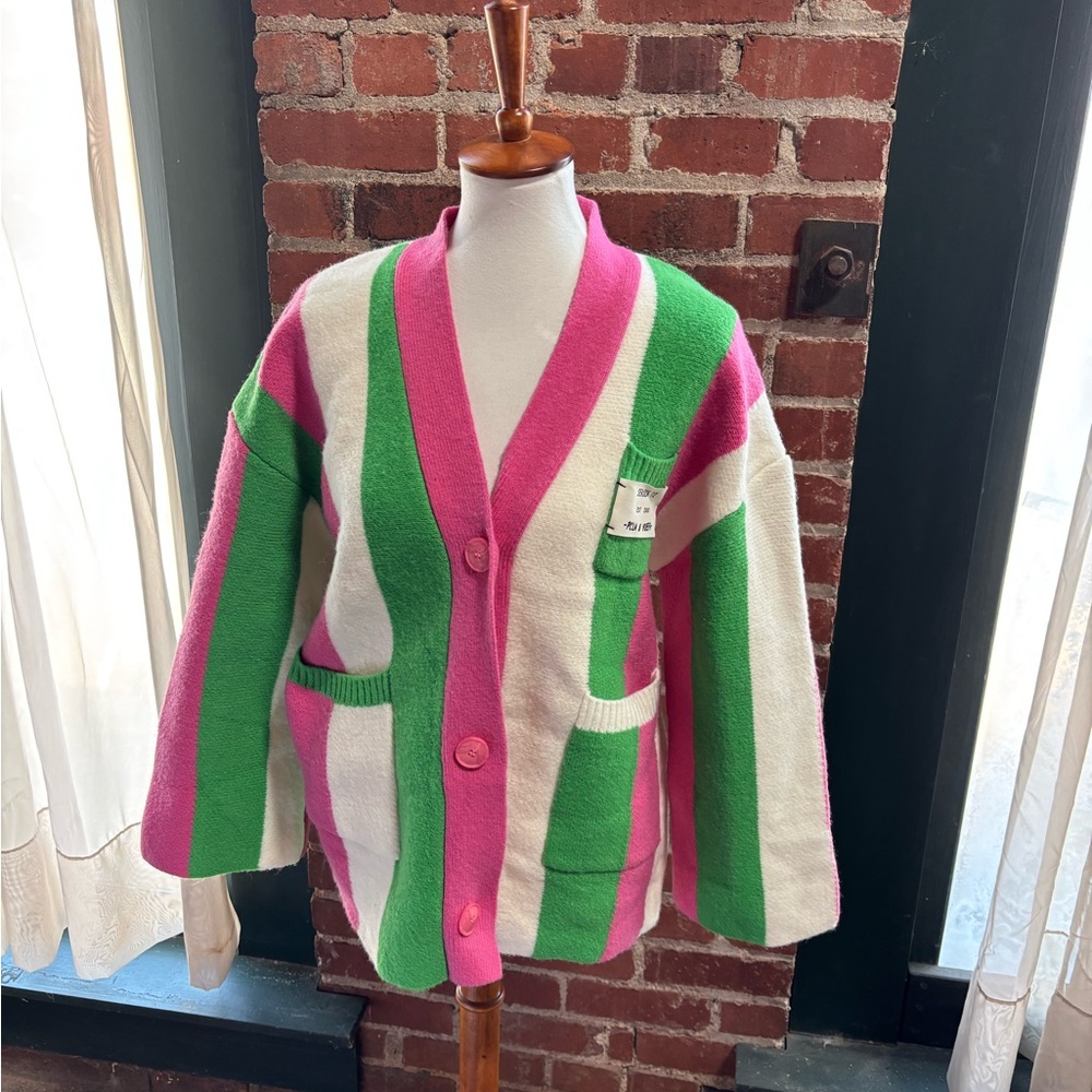 Striped Pink, Green & Cream Women's Button Cardigan Sweater